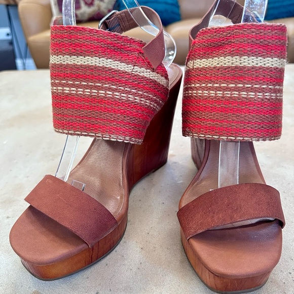 Lucky Brand Lapaloma Boho Leather & Wood Wedge Woven Strap 4.5” Heels - Sz 10 - Picture 3 of 12